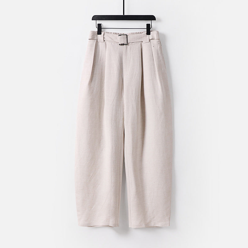 Women High-waisted wide linen blend pants with pleats and fabric belt Chichicherry