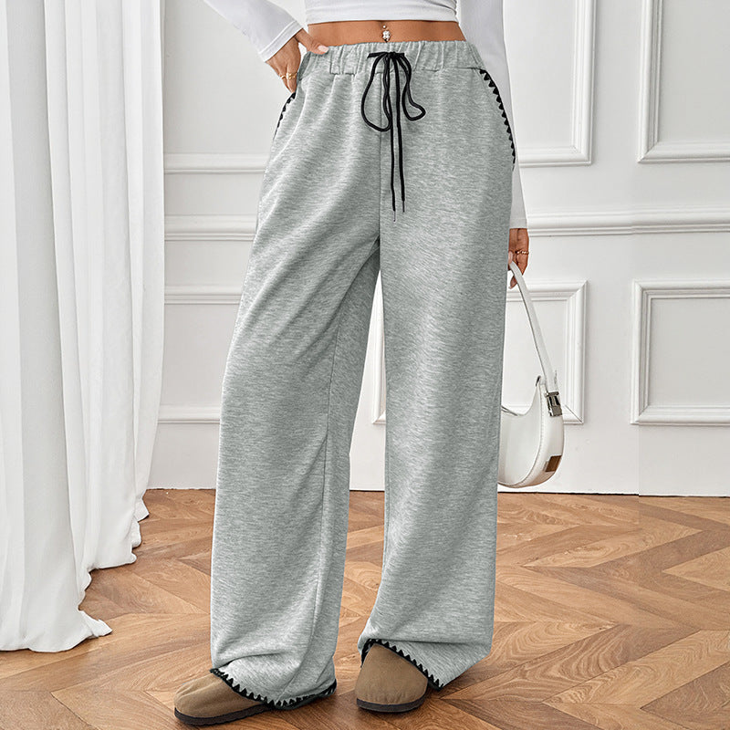 Women's Wide Relax Fleece Pants with High Waist, Drawstring and Decorative Stitch Details Chichicherry