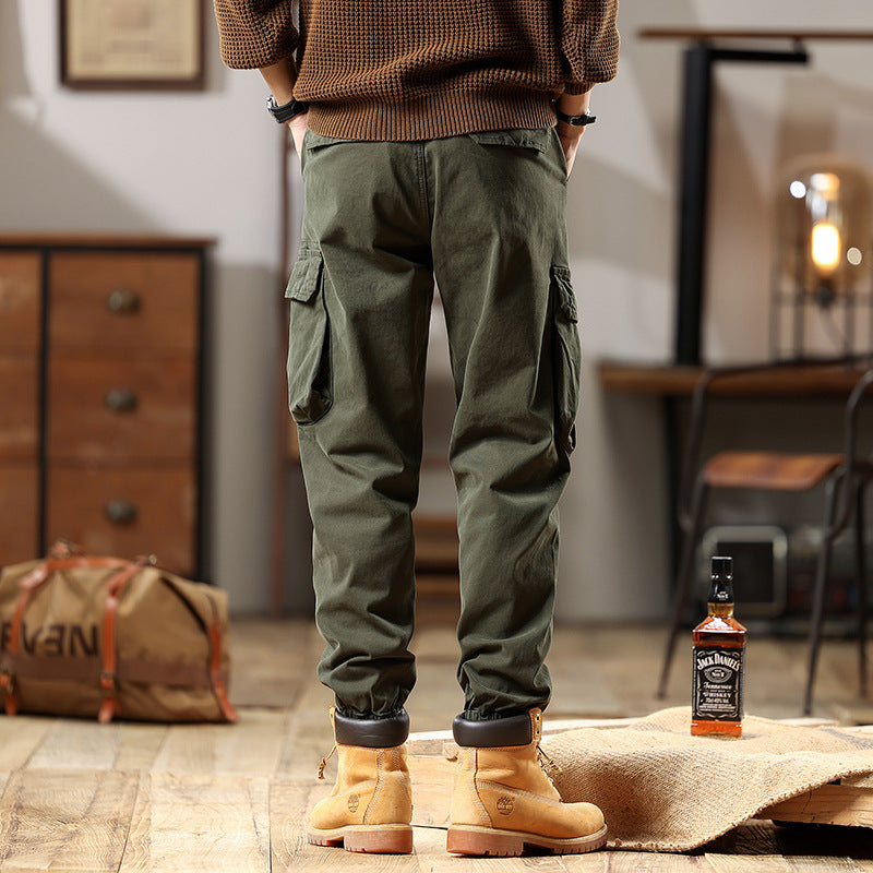 Men's Robust Cotton Cargo Pants with Elastic Hem and Multiple Pockets Chichicherry