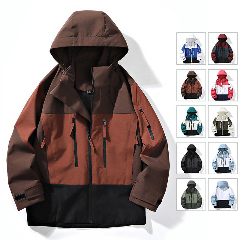 Men's Water-Repellent Colorblock Outdoor Jacket with Hood, Multiple Zipper Pockets and Adjustable Cuffs Chichicherry