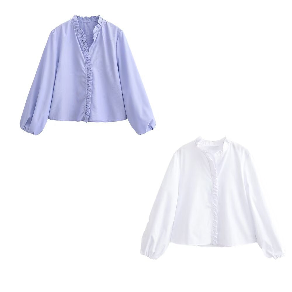 Women Ruffled Blouse with V-Neck and Balloon Sleeves Chichicherry