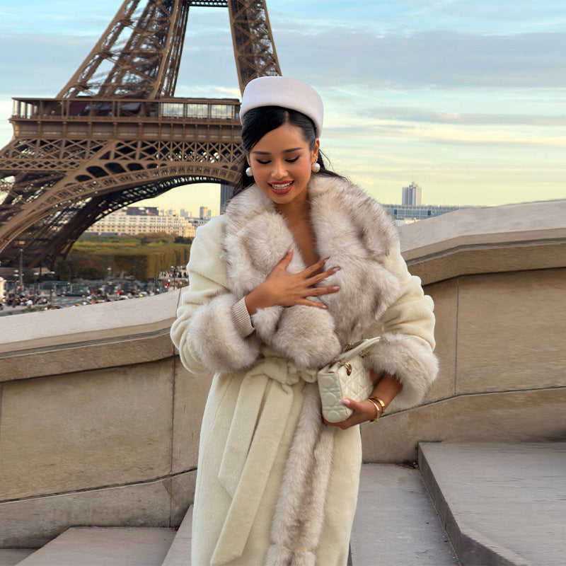 Women Tailored Maxi Coat with Faux Fur Shawl Collar and Tied Belt Chichicherry