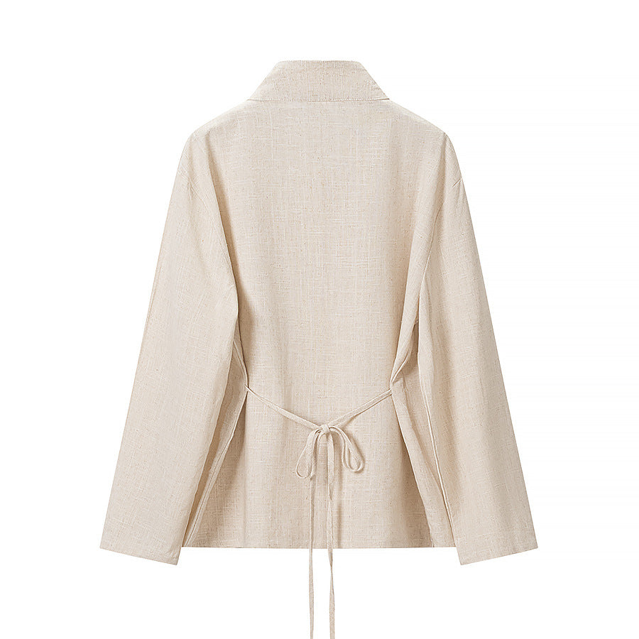 Ladies Two-Piece Linen Look Set with Mandarin Collar and Chinese Knot Closures Chichicherry