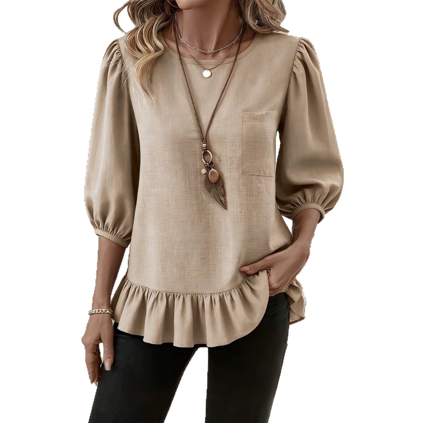 Women's blouse with puff sleeves, chest pocket and tiered ruffle Chichicherry