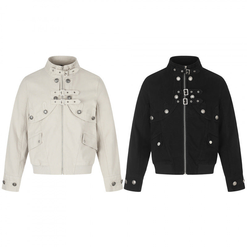 Women's short-cut bomber jacket with high stand-up collar, decorative strap and flap pockets Chichicherry