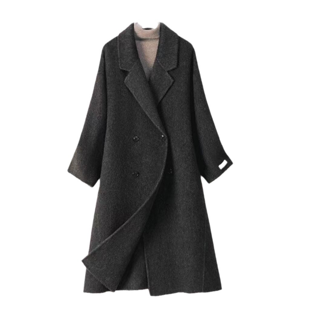 Women's oversized wool blend coat with wide lapels and double-breasted button placket Chichicherry