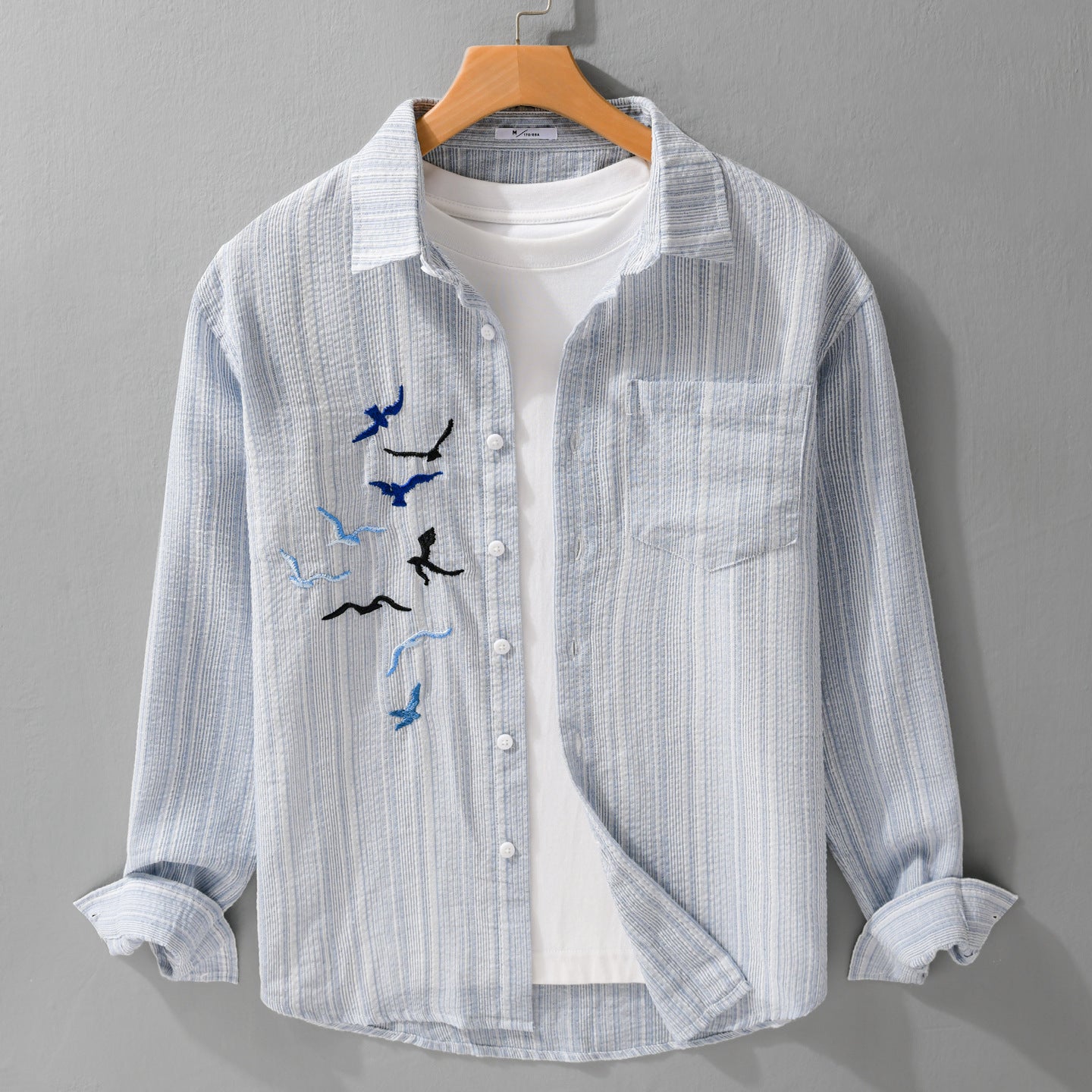 Men's lightweight striped overshirt made of linen-cotton blend with bird embroidery Chichicherry