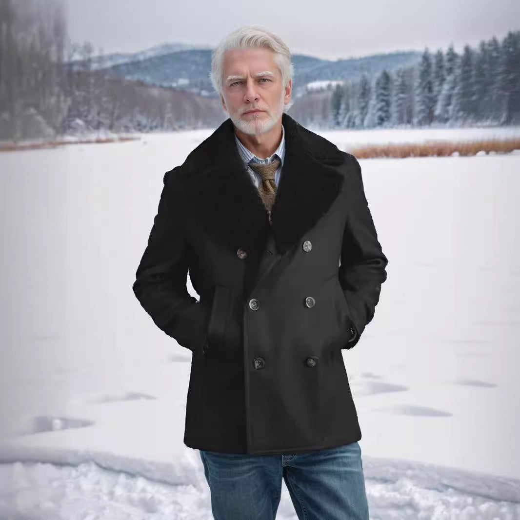 Men's short coat in pea coat style made of wool blend with voluminous teddy collar and side pockets Chichicherry