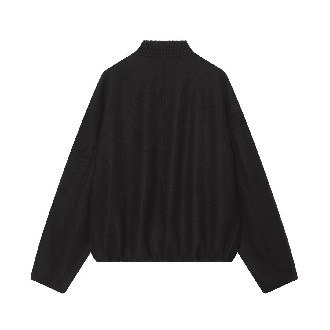 Women's Wool Blend Bomber Jacket in Oversized Boxy Cut with Zipper and Arm Pocket Chichicherry