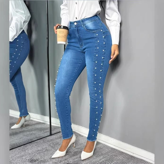 Women's shaping high-waisted skinny jeans with side pearl embellishment Chichicherry