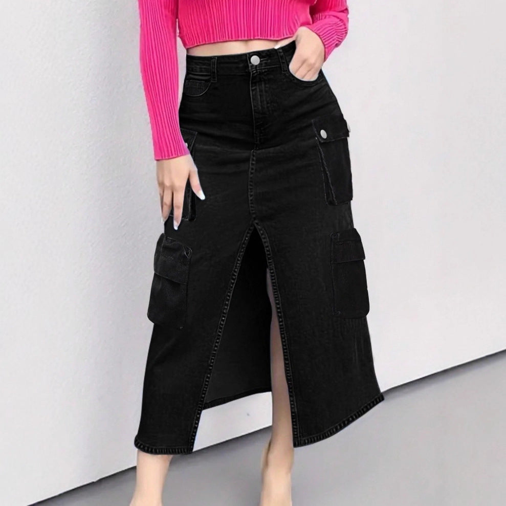 Women high waist cargo denim midi skirt with front slit and flap pockets Chichicherry