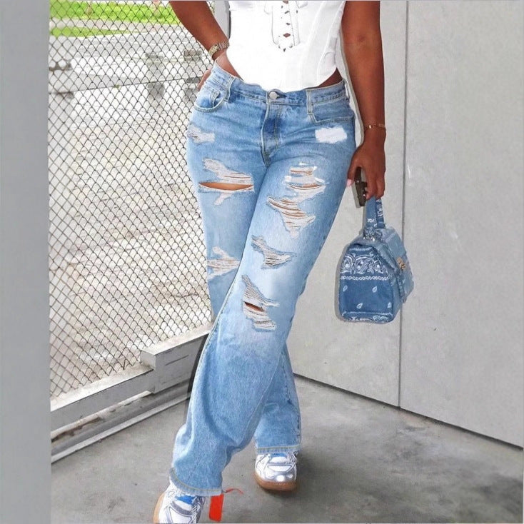 Women High-Waisted Relaxed-Fit Straight Jeans with pronounced Destroyed Details Chichicherry