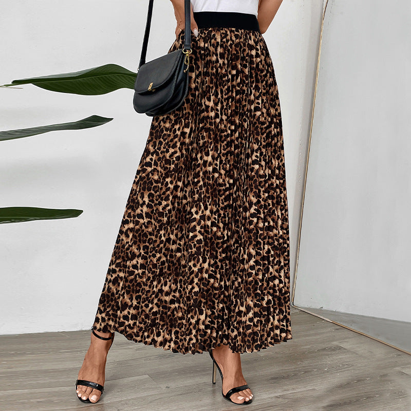 Women's Pleated Maxi Skirt with Leopard Print and Elastic Waistband Chichicherry