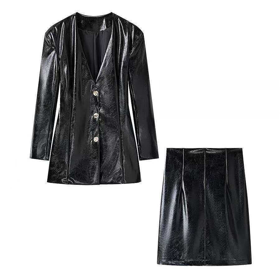 Ladies Long Patent Leather Blazer with Tailored Silhouette, Deep V-Neck and Decorative Buttons Chichicherry