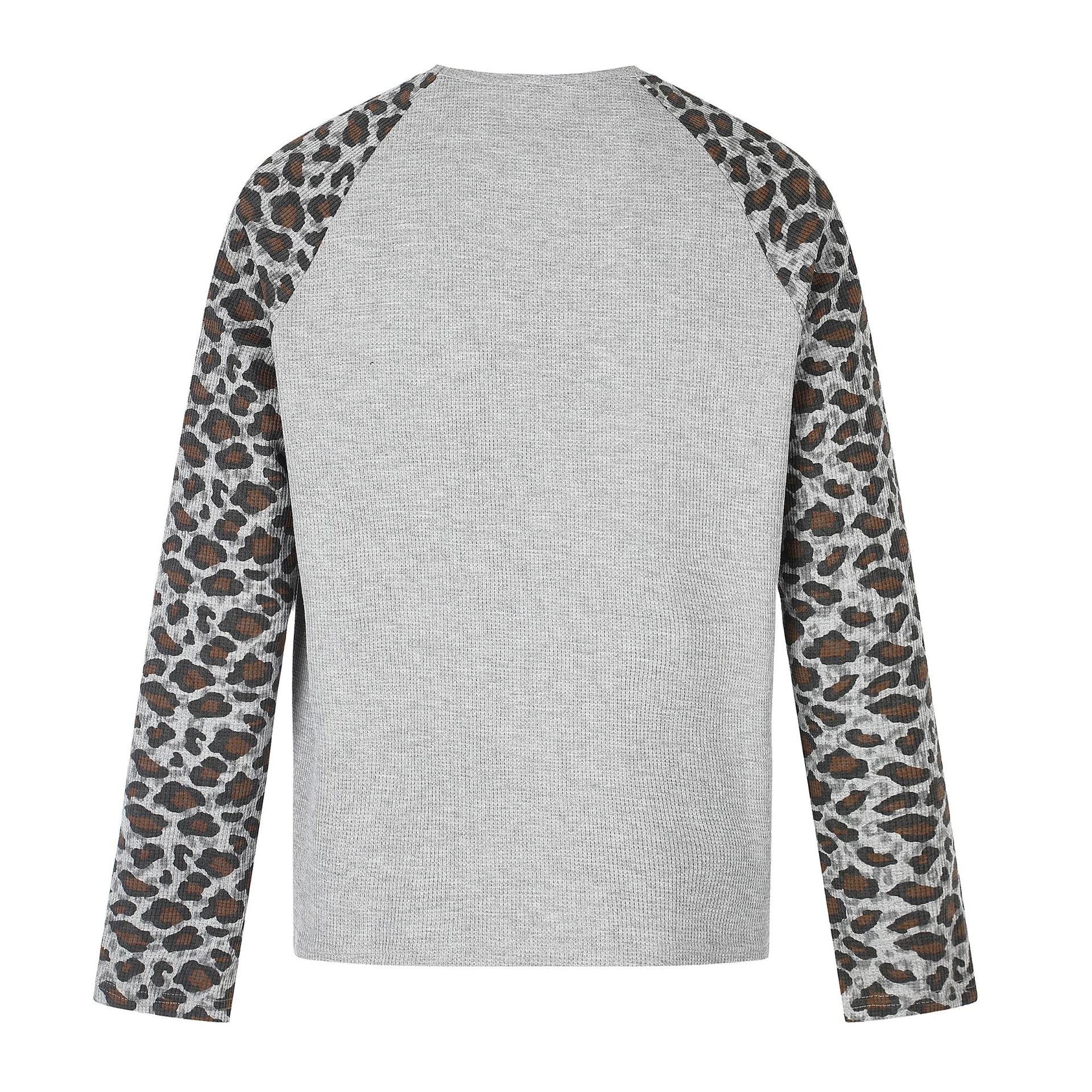 Women's Casual Long Sleeve Shirt with Raglan Sleeves, Leopard Sleeves and Statement Print