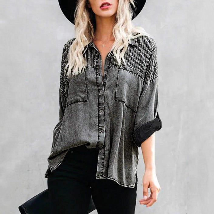 Women's Oversized Denim Blouse with Quilted Yoke, Button Placket and Patch Chest Pockets Chichicherry