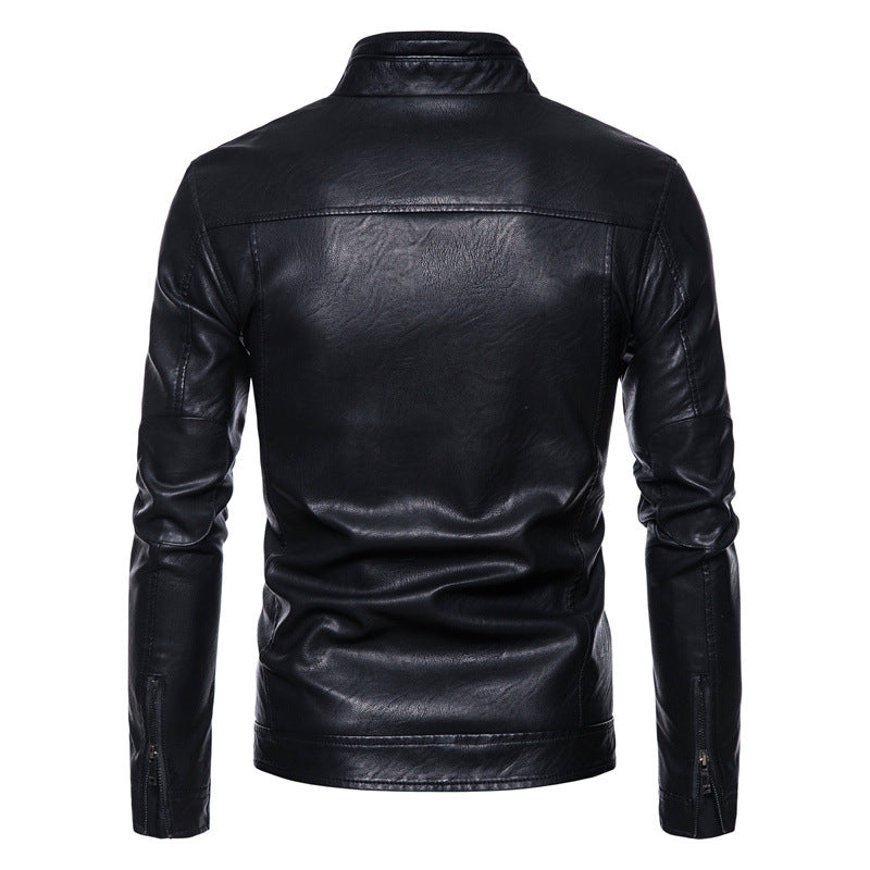 Men's Slim-Fit Faux Leather Biker Jacket with Stand Collar, Zipper Pockets, and Soft Inner Lining Chichicherry