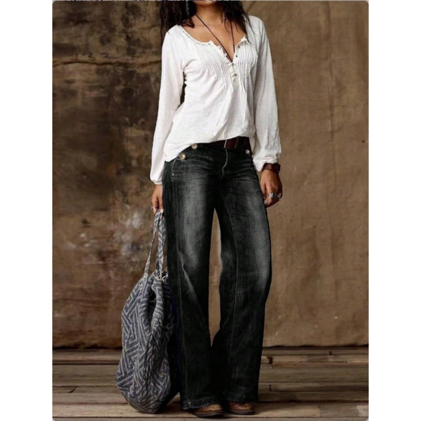 Women's Wide Vintage Jeans with High Waist and Used Wash Chichicherry