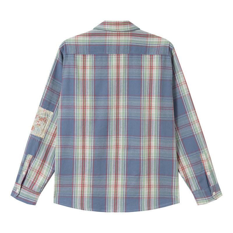 Unisex Oversized Shirt Jacket in Vintage Check with Flap Pockets and Sleeve Patch Chichicherry