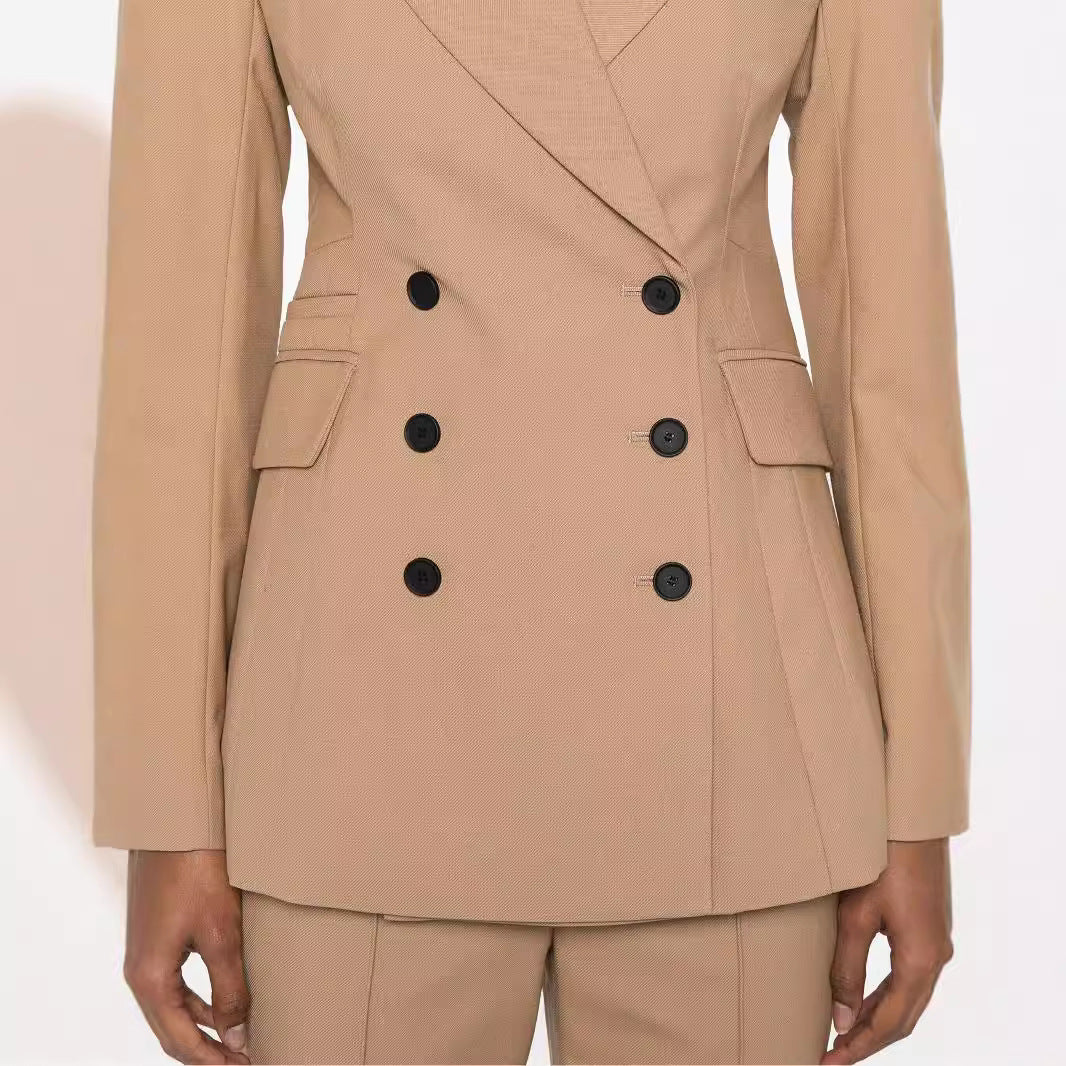 Women Two-Piece Tailored Double-Breasted Blazer Trousers Suit with Flared Palazzo Pants Chichicherry