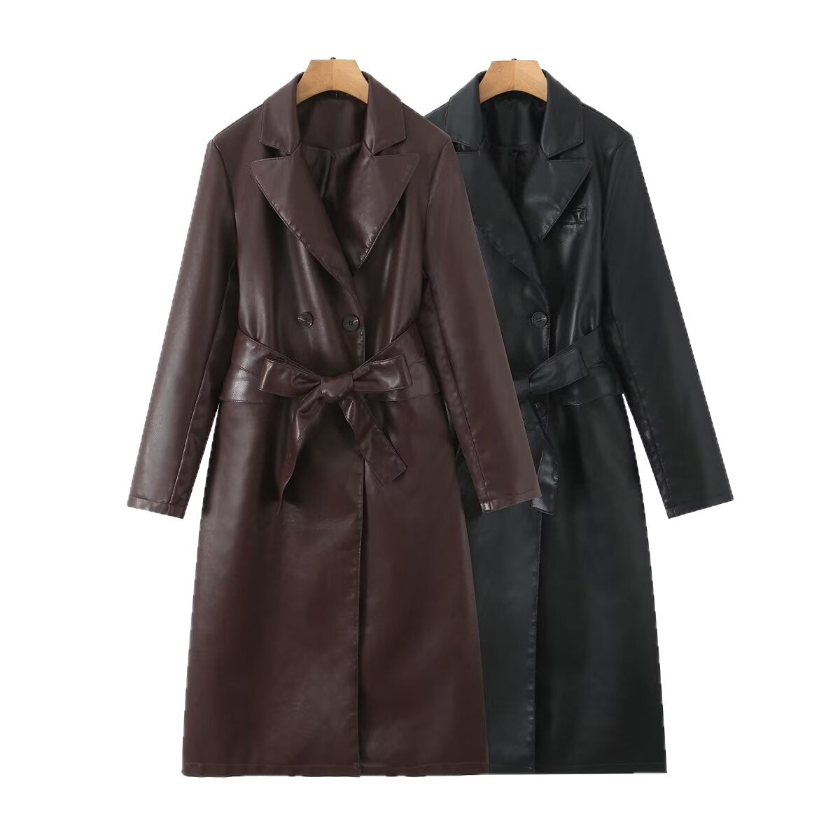 Women's Longline Faux Leather Trench Coat with Double-Breasted Button Placket and Waist Belt Chichicherry