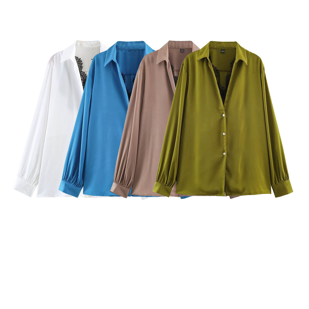 Women's Silky Oversized Blouse with Lace Insert and Shirt Collar Chichicherry