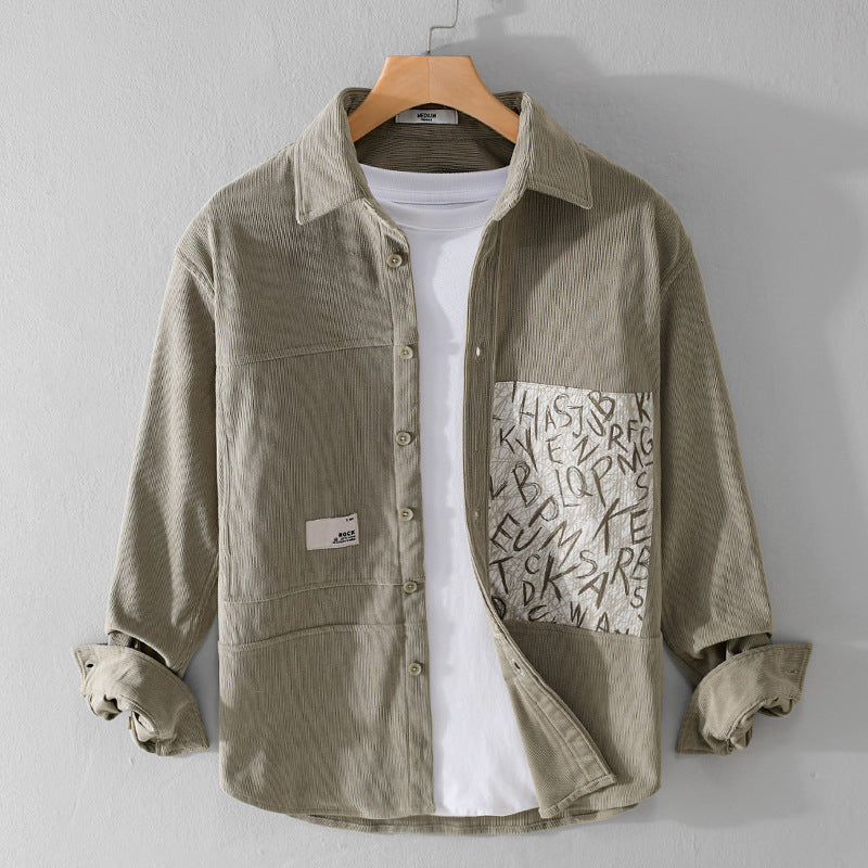 Men's Lightweight Cord Shirt Jacket Overshirt with Letter Print Chest Pocket and Relaxed Fit Chichicherry