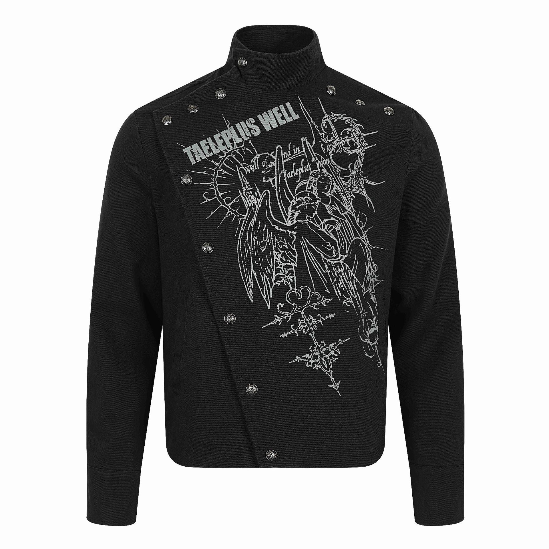Men's Asymmetrical Blouson Jacket with Stand Collar, Metal Button Trim and Graphic Print Chichicherry