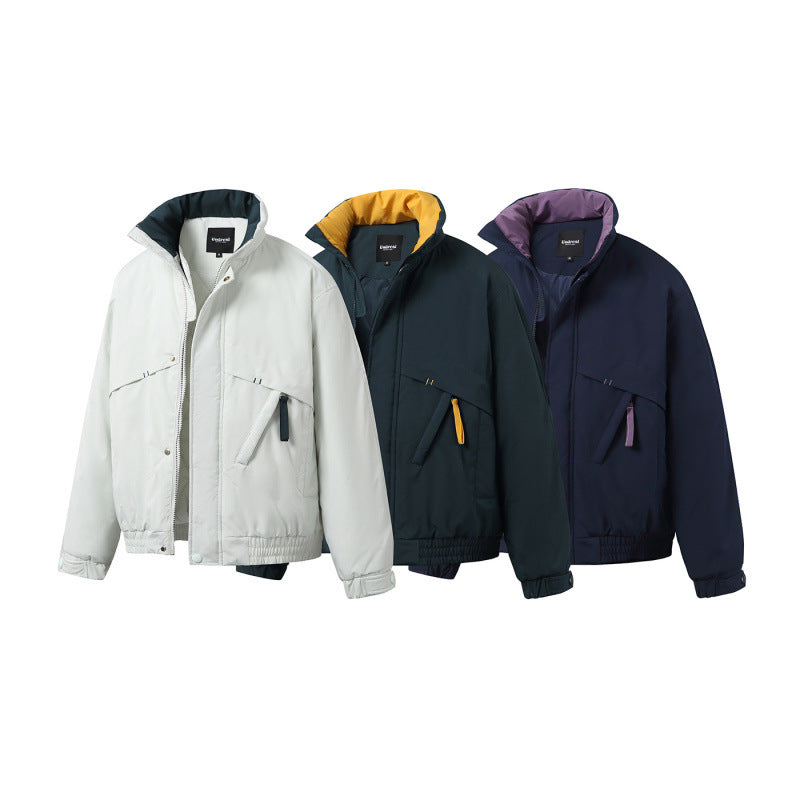 Unisex Boxy Padded Short Jacket with Asymmetric Pockets and High Stand-up Collar Chichicherry