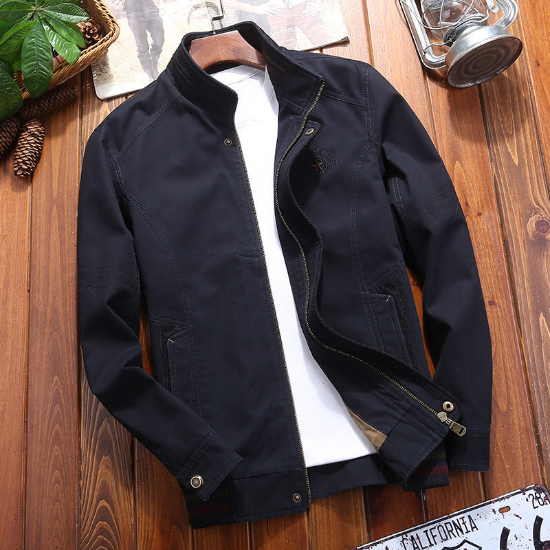 Men's Canvas Field Jacket with Stand Collar, Zipper and Striped Ribbed Cuff Chichicherry