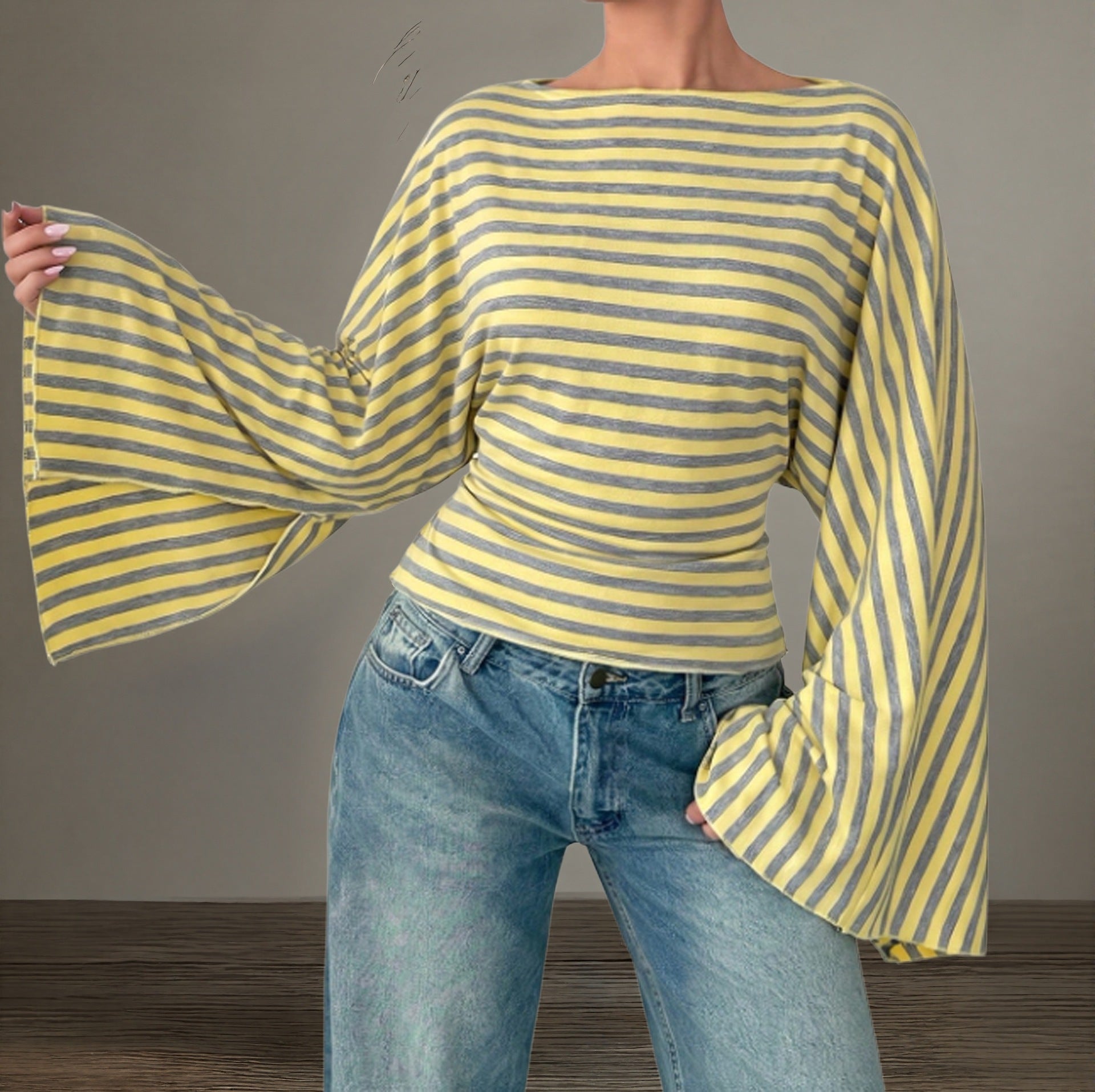 Women's Striped Shirt with Off-the-Shoulder Neckline, Fitted Silhouette and Bell Sleeves Chichicherry