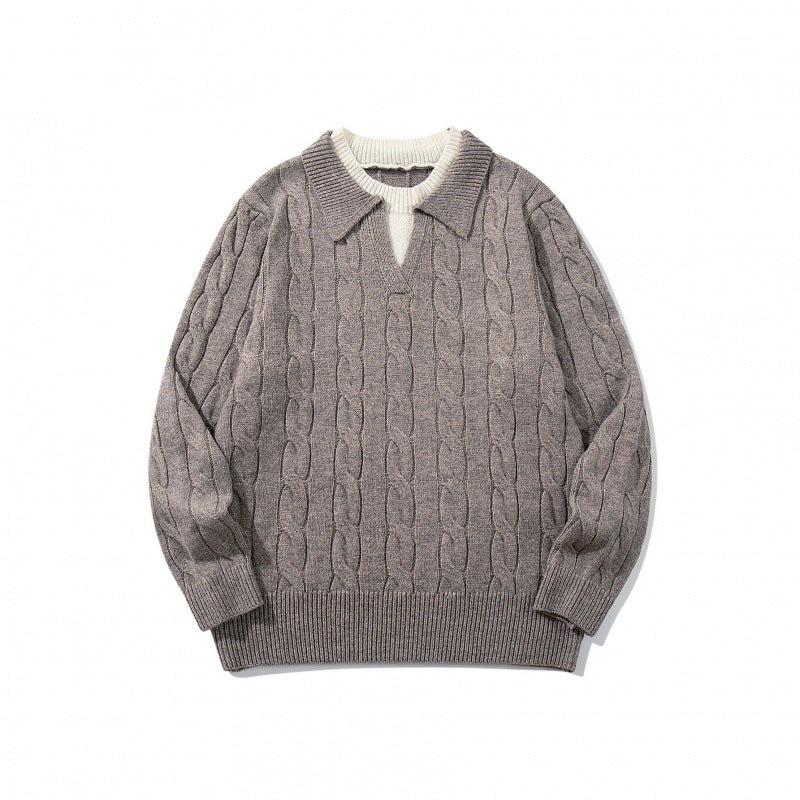 Men's chunky knit cable pattern sweater with polo collar and V-neck Chichicherry