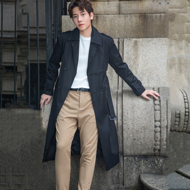 Men's longer double-breasted trench coat with storm flap and D-ring details Chichicherry