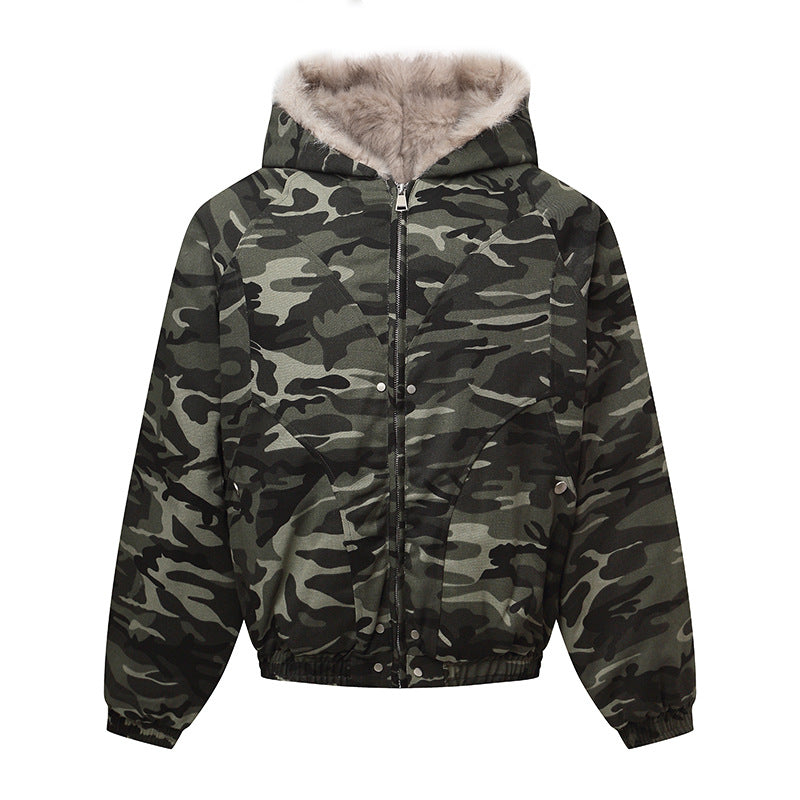 Unisex Padded Hooded Jacket in Camouflage Pattern with Teddy Lining and Elastic Hem Chichicherry