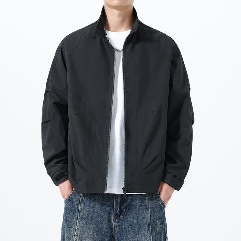 Men's Lightweight Utility Transitional Jacket with Stand Collar, Raglan Sleeves, and Adjustable Velcro Cuffs Chichicherry