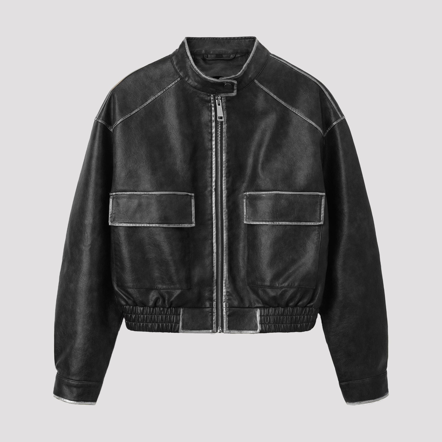 Men's Vintage Leather Bomber Jacket with Stand Collar, Flap Pockets and Elastic Waist Chichicherry