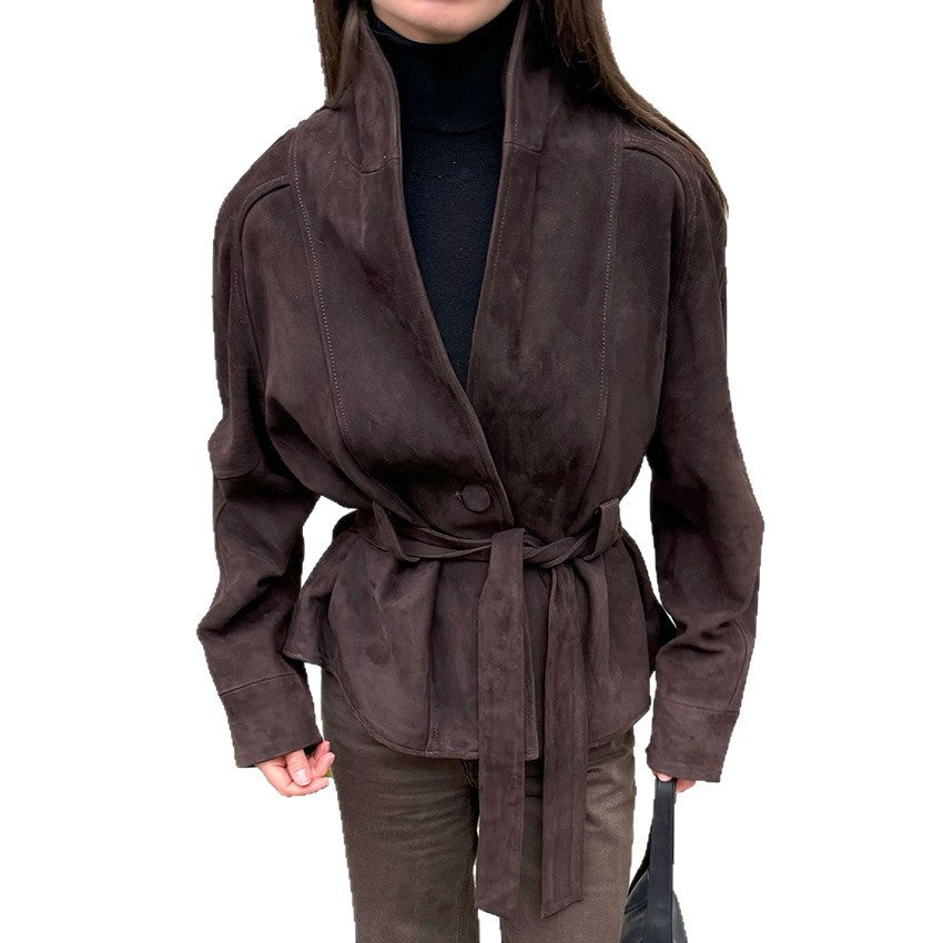 Women Velvet Leather Jacket with Shawl Collar and Tie Belt Chichicherry
