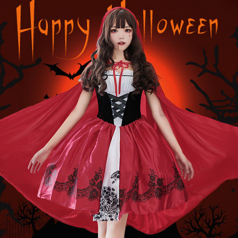 Women Fairy Tale Little Red Riding Hood Costume with Voluminous Overskirt and Hood Chichicherry