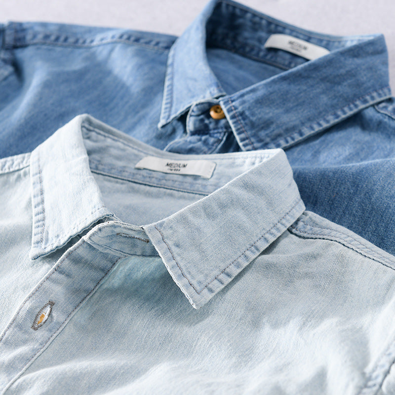 Men's Lightweight Denim Shirt in Relaxed Fit with Chest Pocket and Wood Button Placket Chichicherry