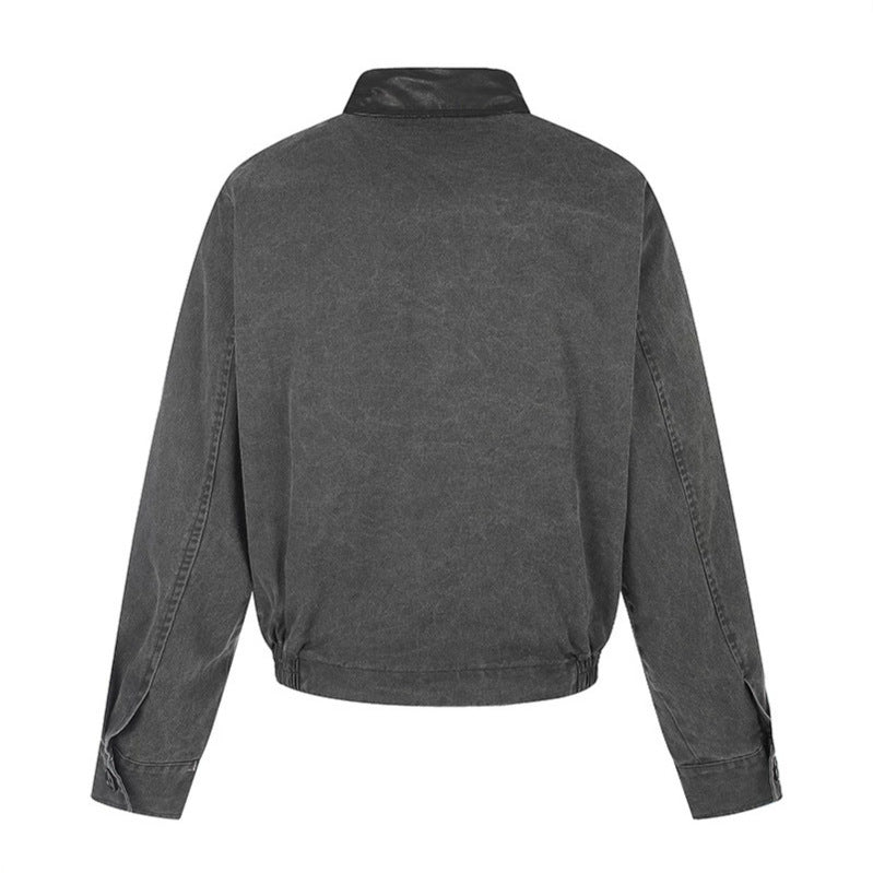 Men's Asymmetrical Canvas Bomber Jacket with Leather Straps and Stand Collar Chichicherry