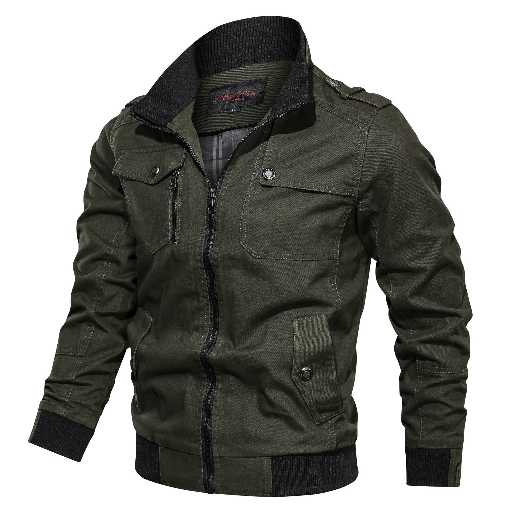 Men's Canvas Field Bomber Jacket with Ribbed Collar, Shoulder Flaps and Multi-Pockets Chichicherry
