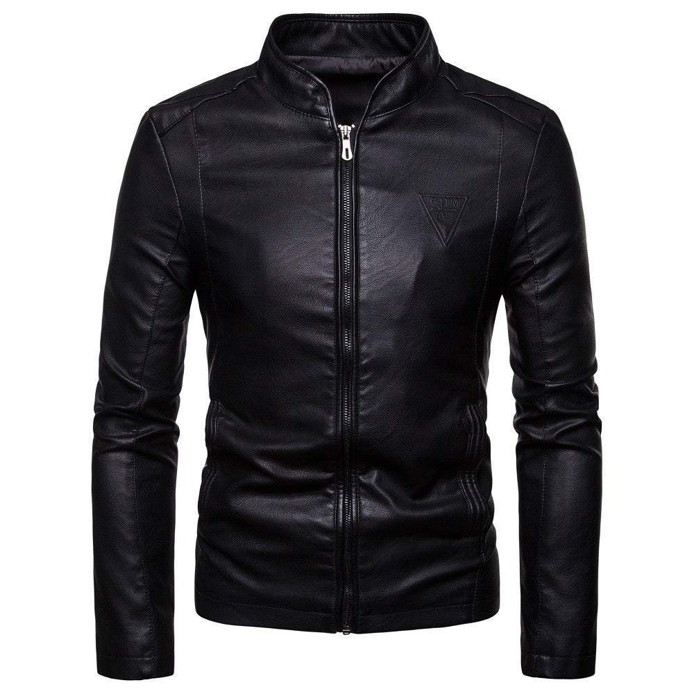 Men's Slim-Fit Faux Leather Jacket in Biker Style with Stand Collar and Front Zipper Chichicherry