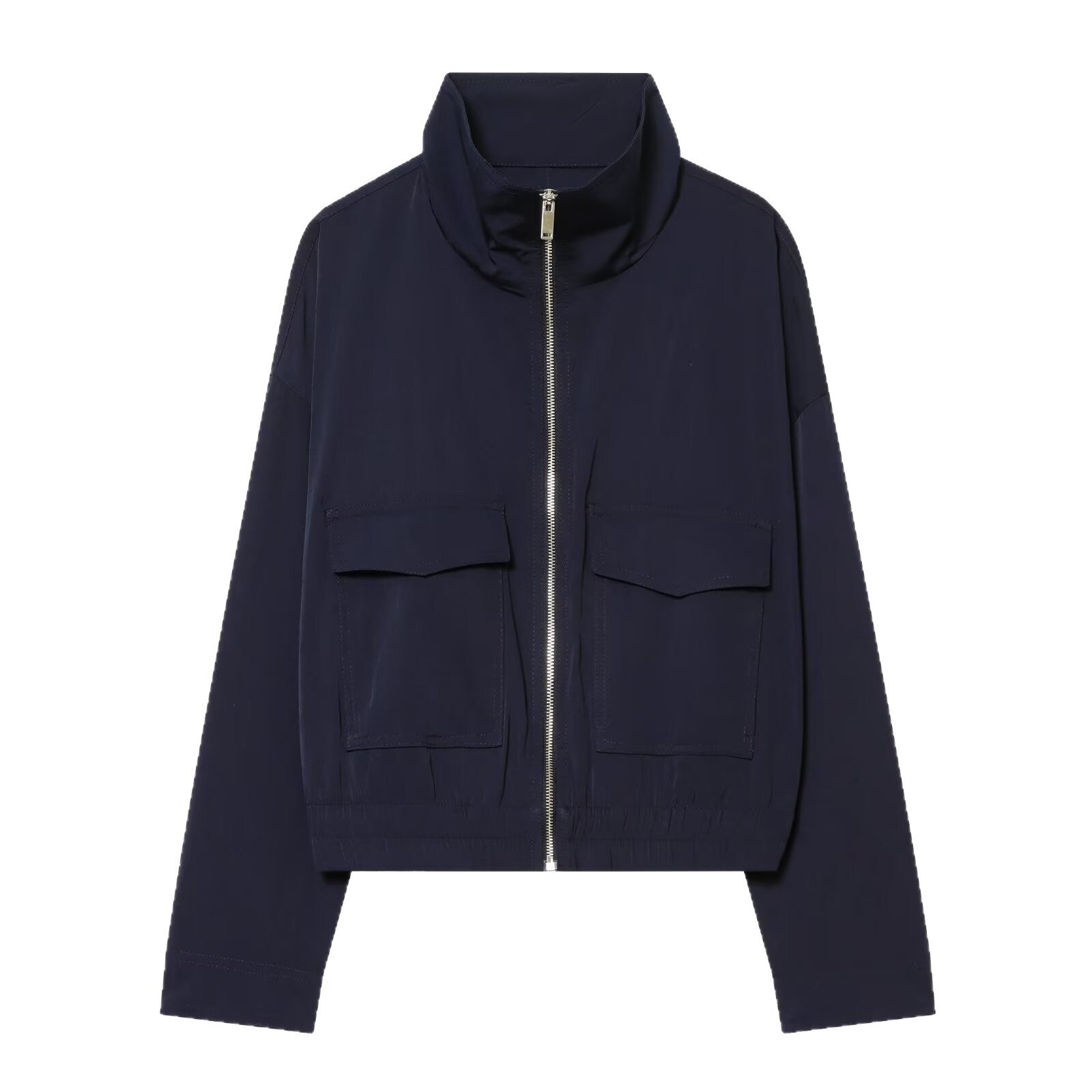 Women's Short Bomber Jacket with Stand-Up Collar, Zipper and Chest Flap Pockets Chichicherry