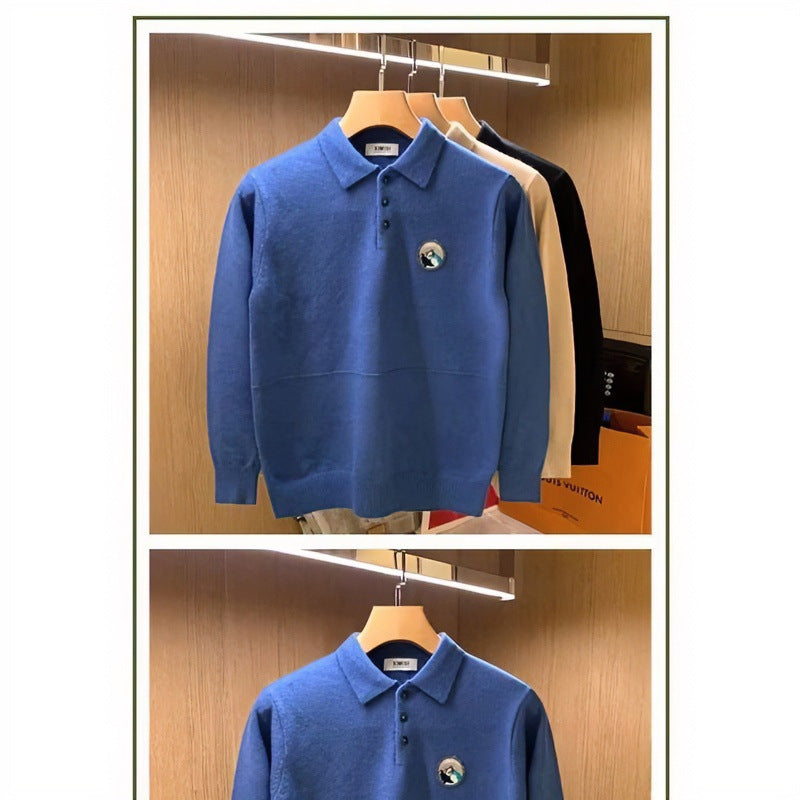 Herren Polokragen-Pullover aus weichem Flauschstrick mit Logo‑Patch Chichicherry