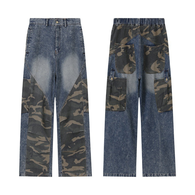 Women Wide High-Waist Denim Cargo Pants with Camouflage Inserts Chichicherry