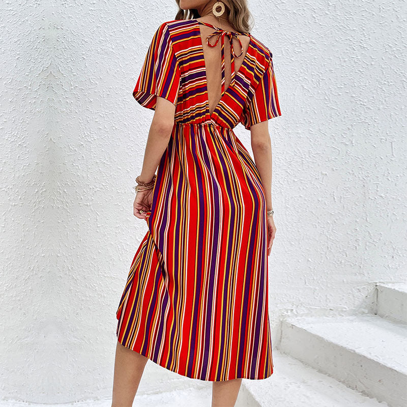 Women's Striped Midi Dress with V-Neck, Button Placket and Waist Gathered Chichicherry