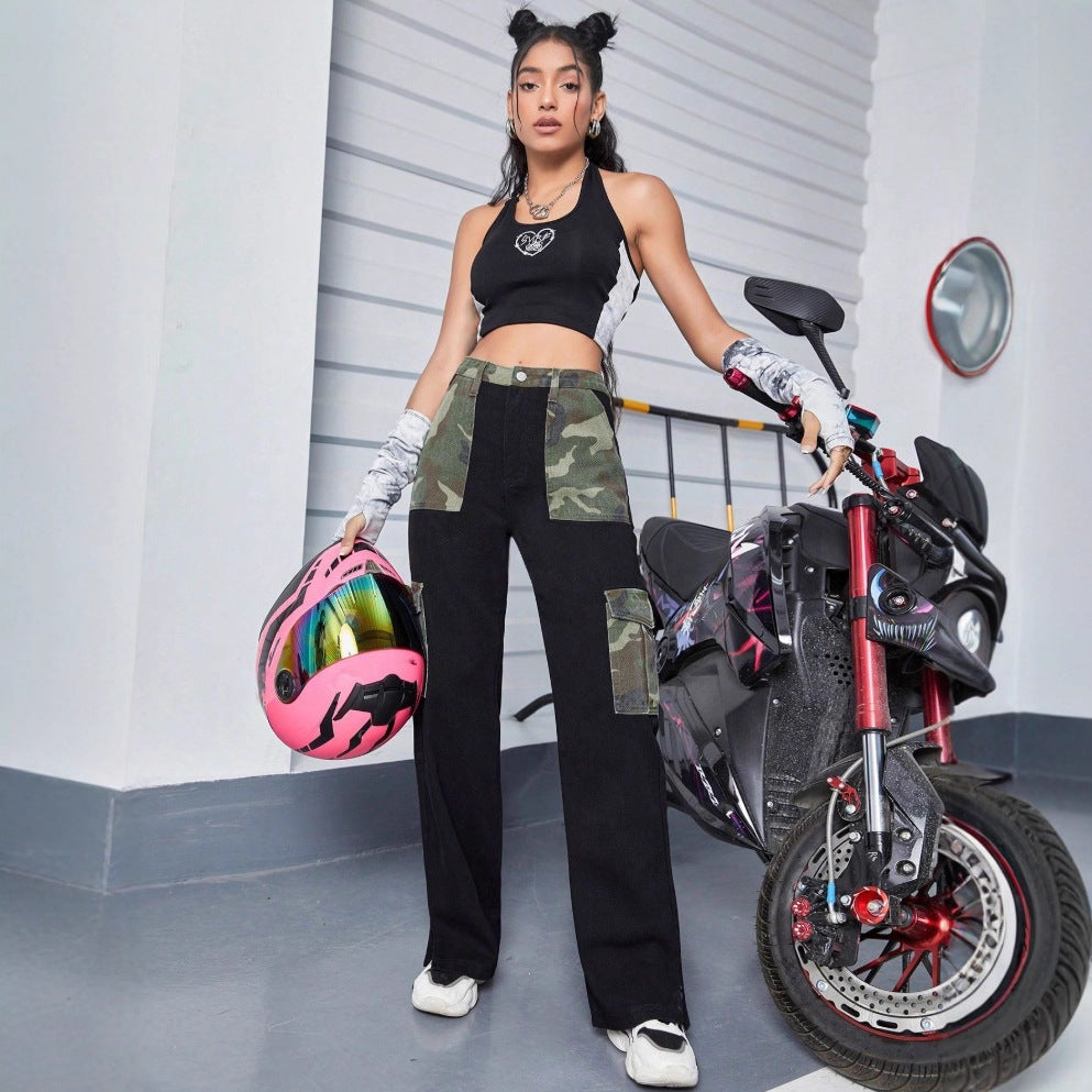 Ladies High-Waist Cargo Jeans with Camouflage Inserts and Wide Leg Chichicherry
