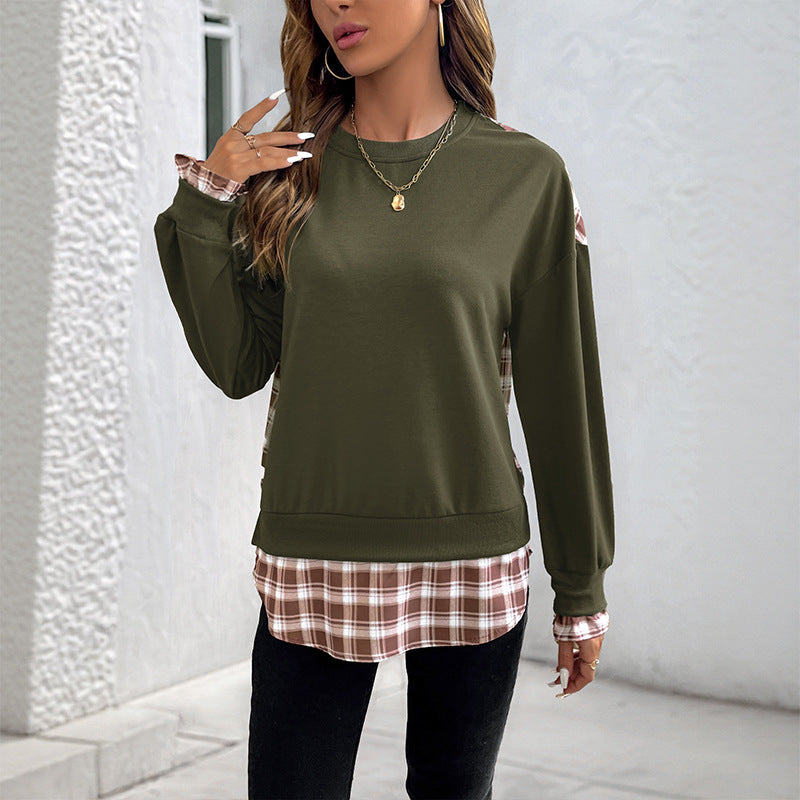 Women's Casual Round Neck Sweatshirt with Check Pattern Inserts and Gathered Cuffs Chichicherry
