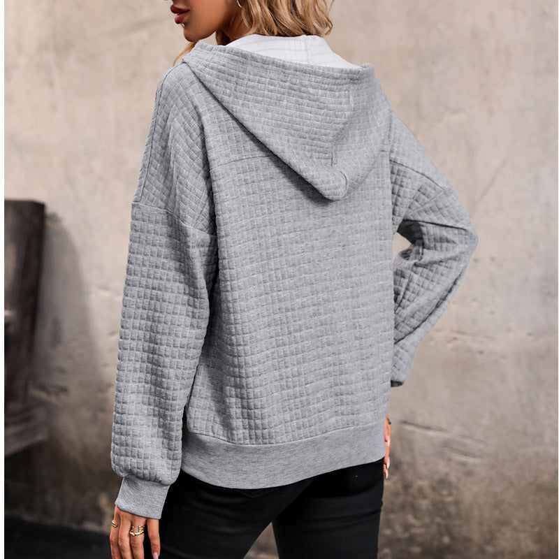 Women's Quilted Waffle Knit Henley Hoodie with Snap Placket Chichicherry
