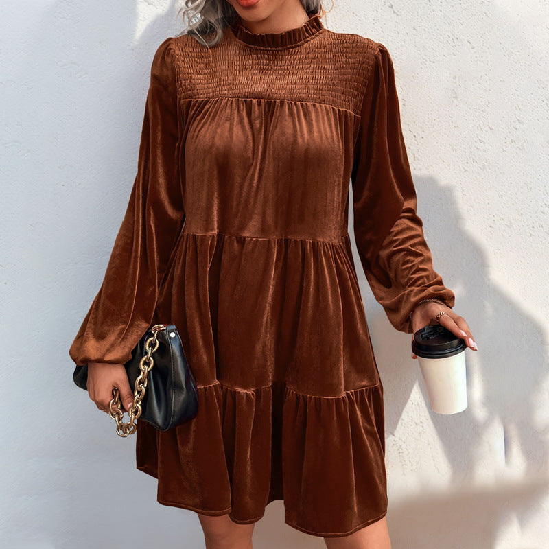 Women Velvet Tiered Dress with Smocked Bodice, Ruffled Collar and Balloon Sleeves Chichicherry